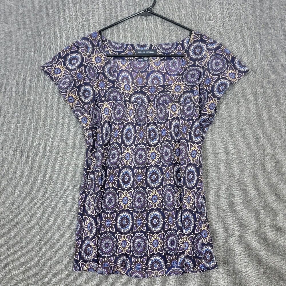 Banana Republic Blouse Womens S Blue Purple 100% Silk Square Neck Cap Sleeve Top